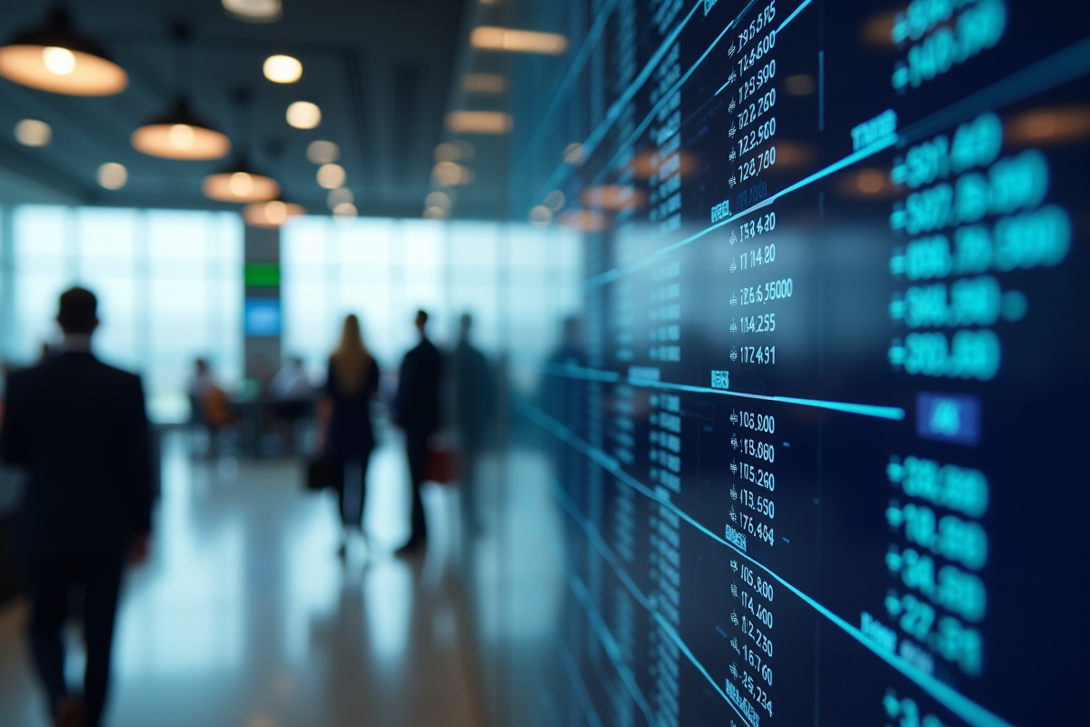 Ecran digital dans une banque avec ratios financiers