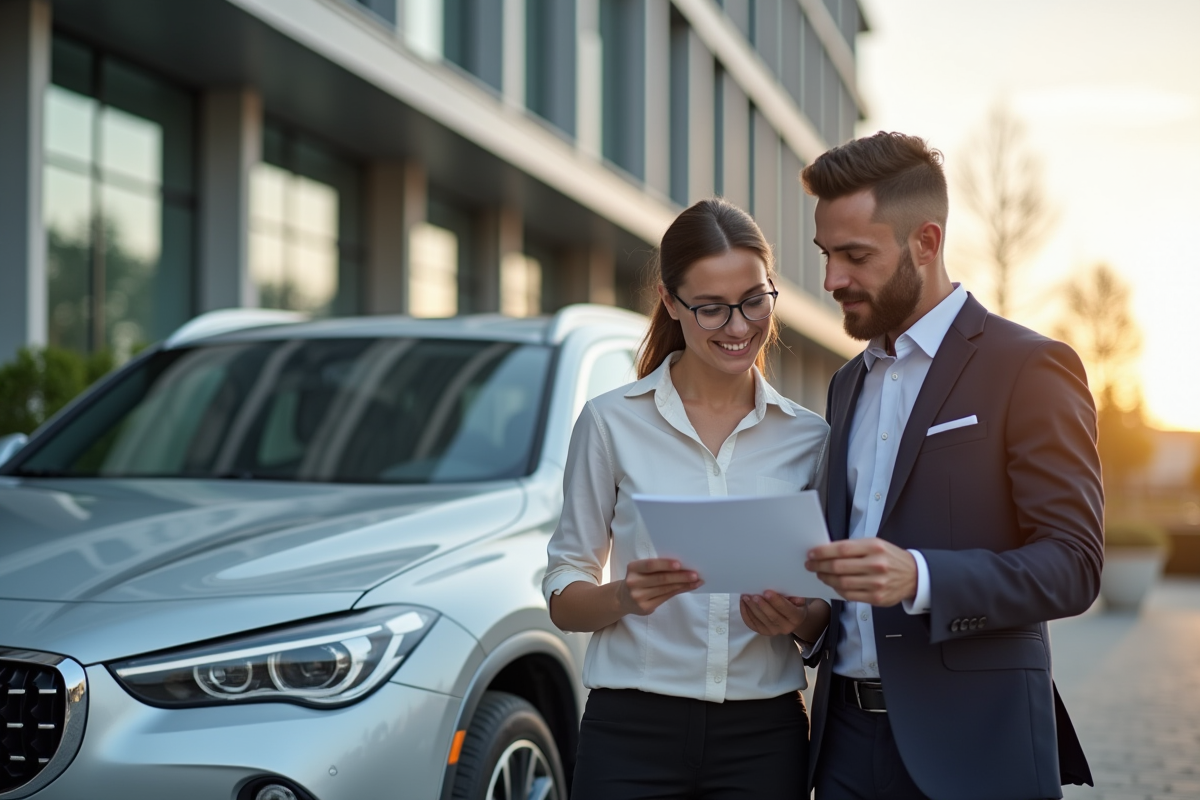 Agent d'assurance et propriétaire de voiture examinant des papiers