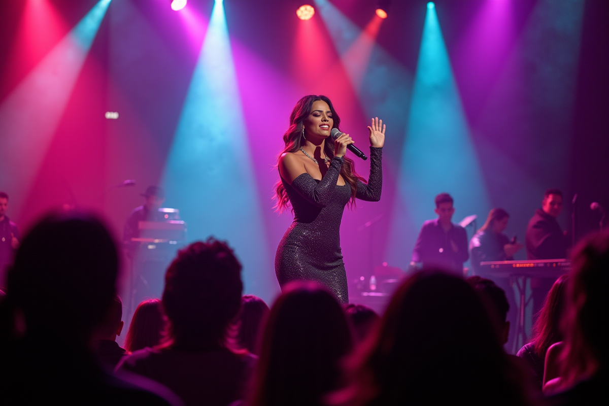 Amel Bent en concert avec des projecteurs colorés et un public enthousiaste