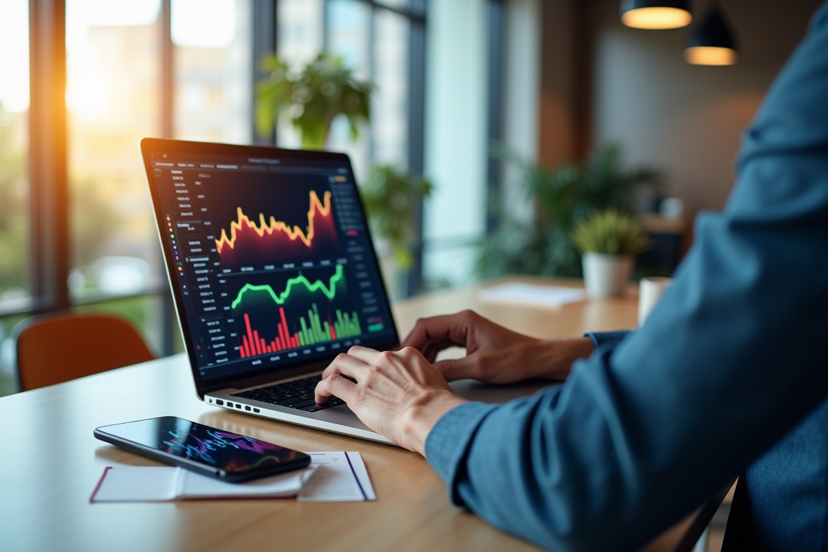 Professionnel analysant graphiques de cryptomonnaies dans un bureau lumineux