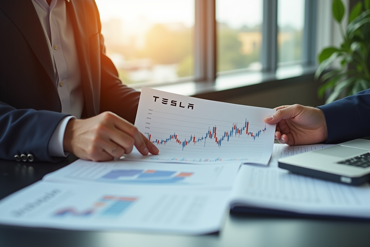 Main d'analyste tenant un certificat Tesla avec rapport BlackRock