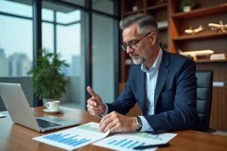Analyste financier en costume bleu examine des prévisions boursieres Airbus