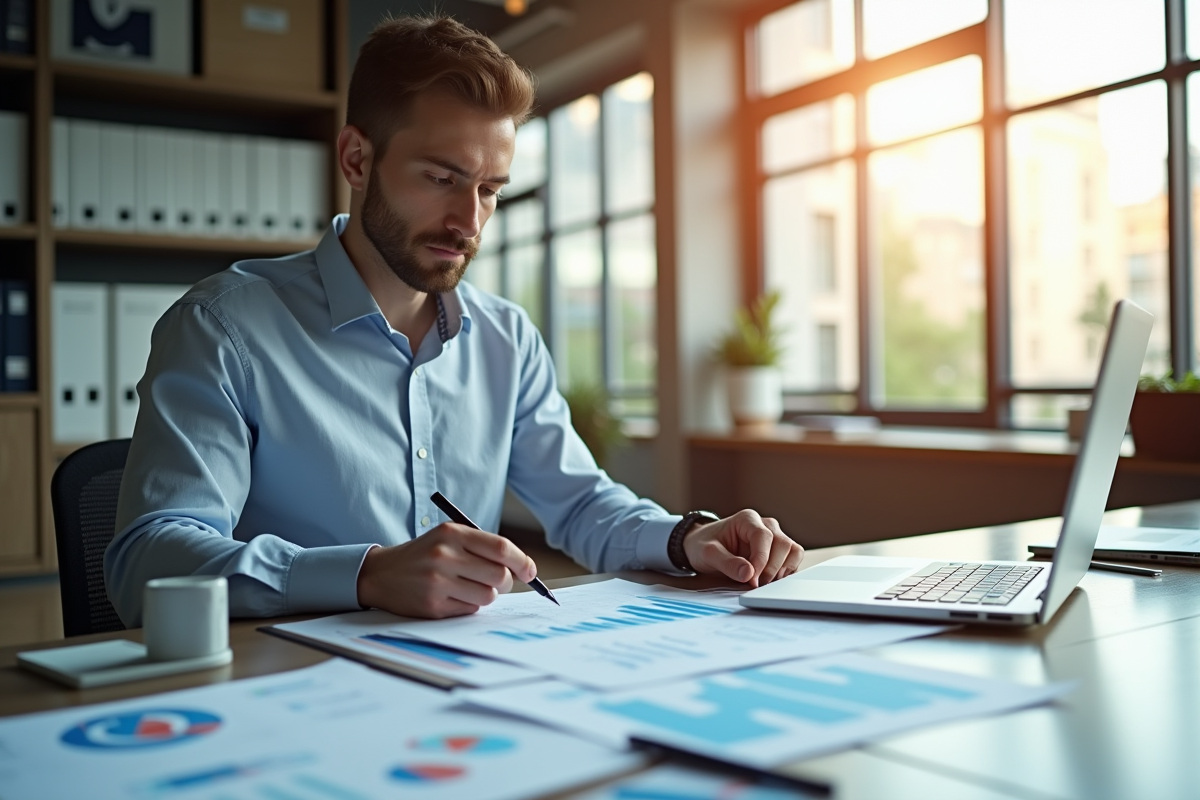 Personne confiante analysant des graphiques financiers dans un bureau lumineux