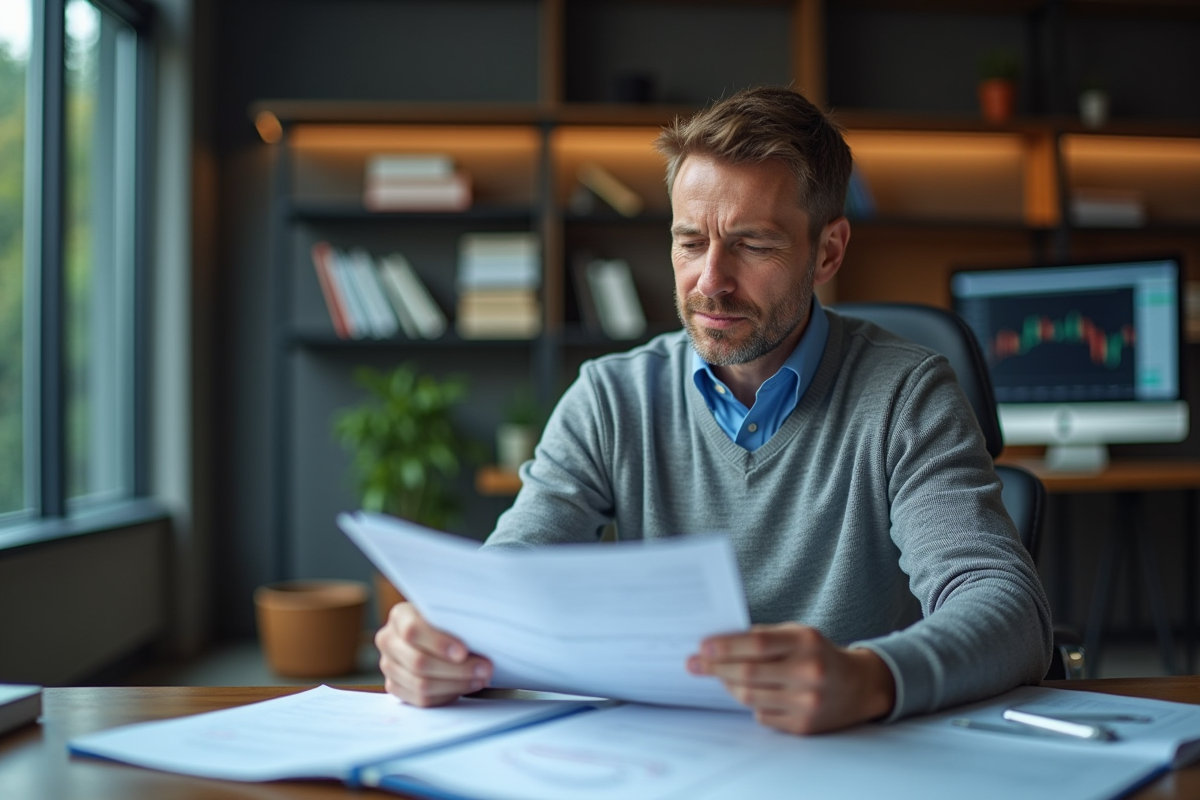 Analyste financier homme étudiant des rapports dans un bureau moderne