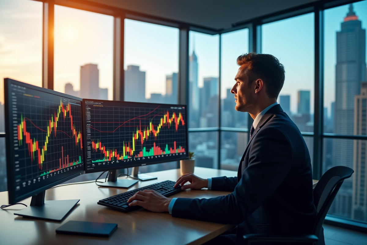 Analyste financier moderne dans un bureau élégant avec écrans de marché