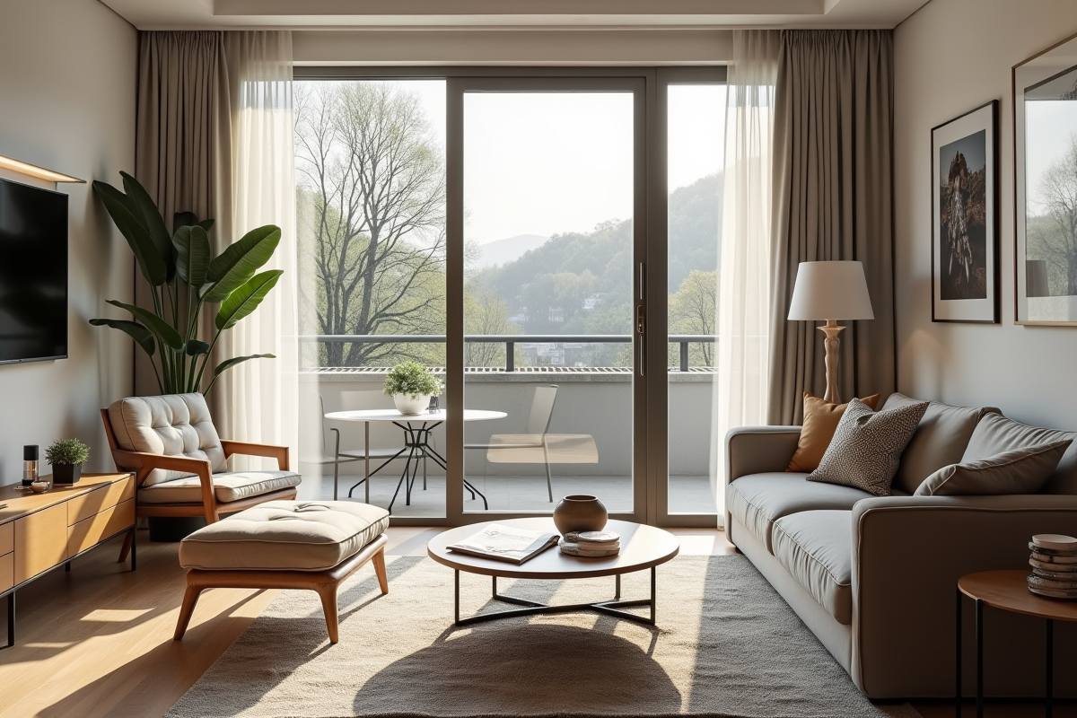 Salon lumineux dans un appartement renové avec plans et panneau vente