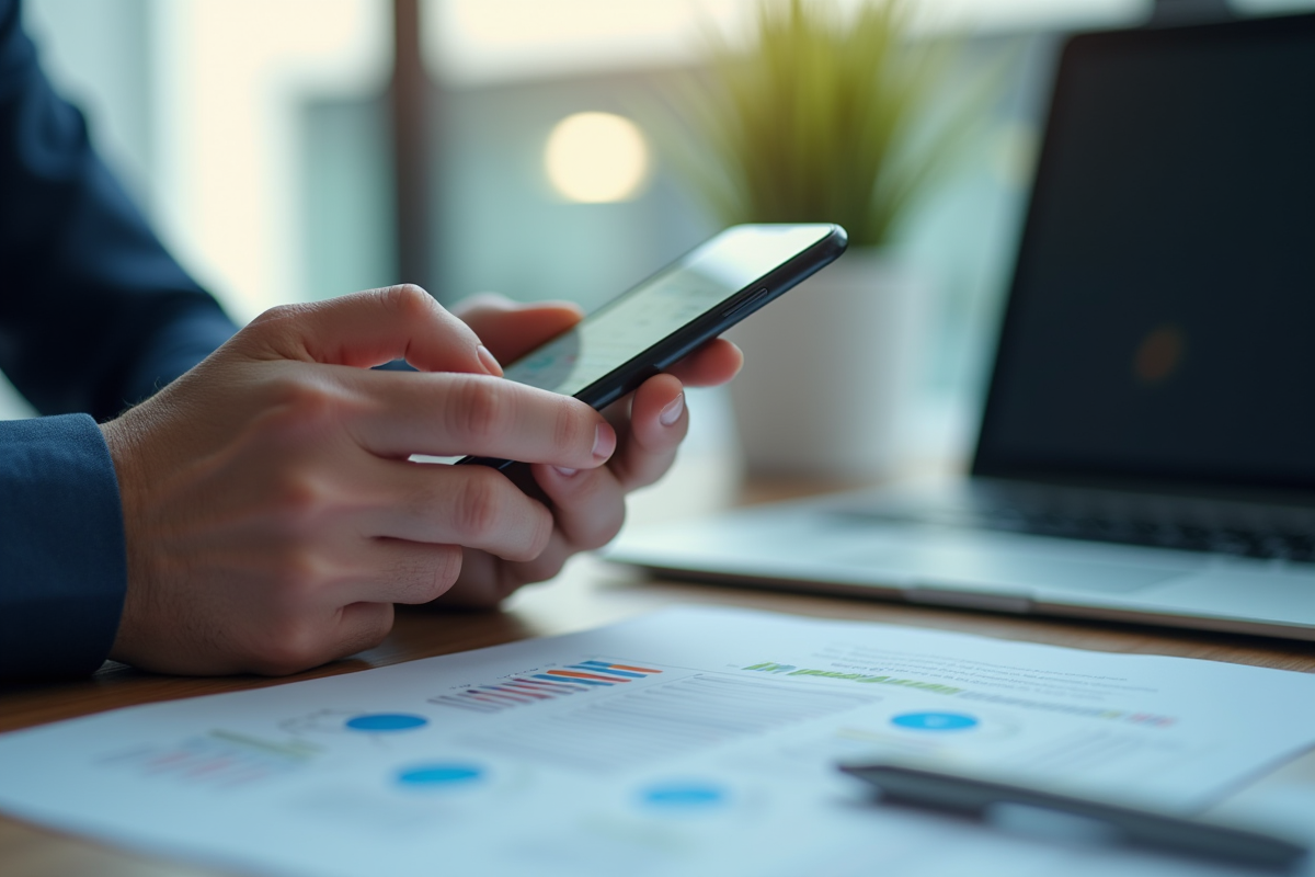 Main d'un homme d'affaires tenant un smartphone avec alerte bancaire