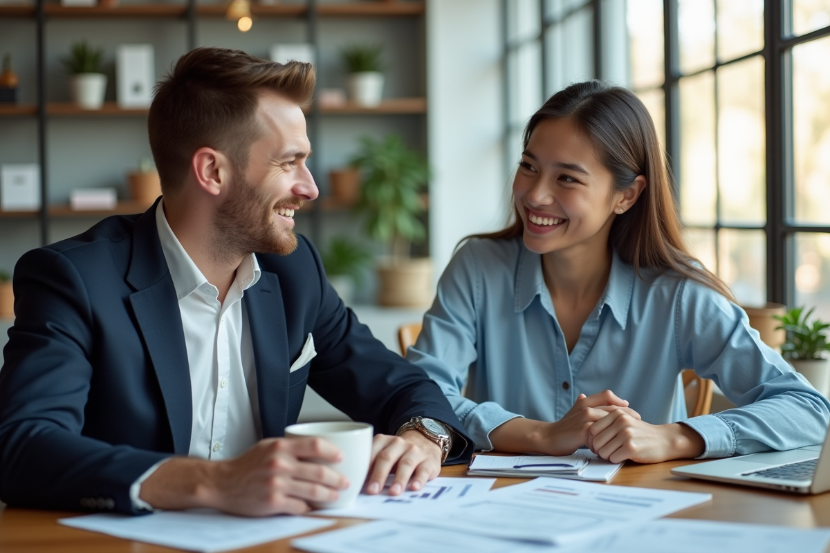 Banquier professionnel avec un jeune couple en bureau moderne