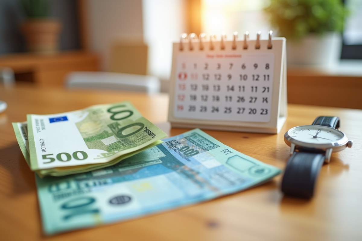 Billets de banque euros et dollars avec calendrier et montre sur une table en bois