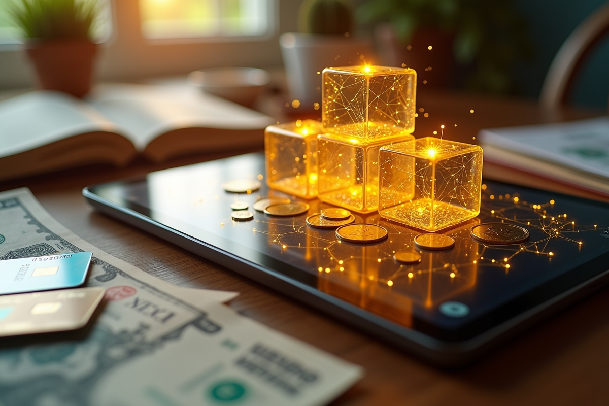 Cubes blockchain dorés avec monnaie et cartes sur table