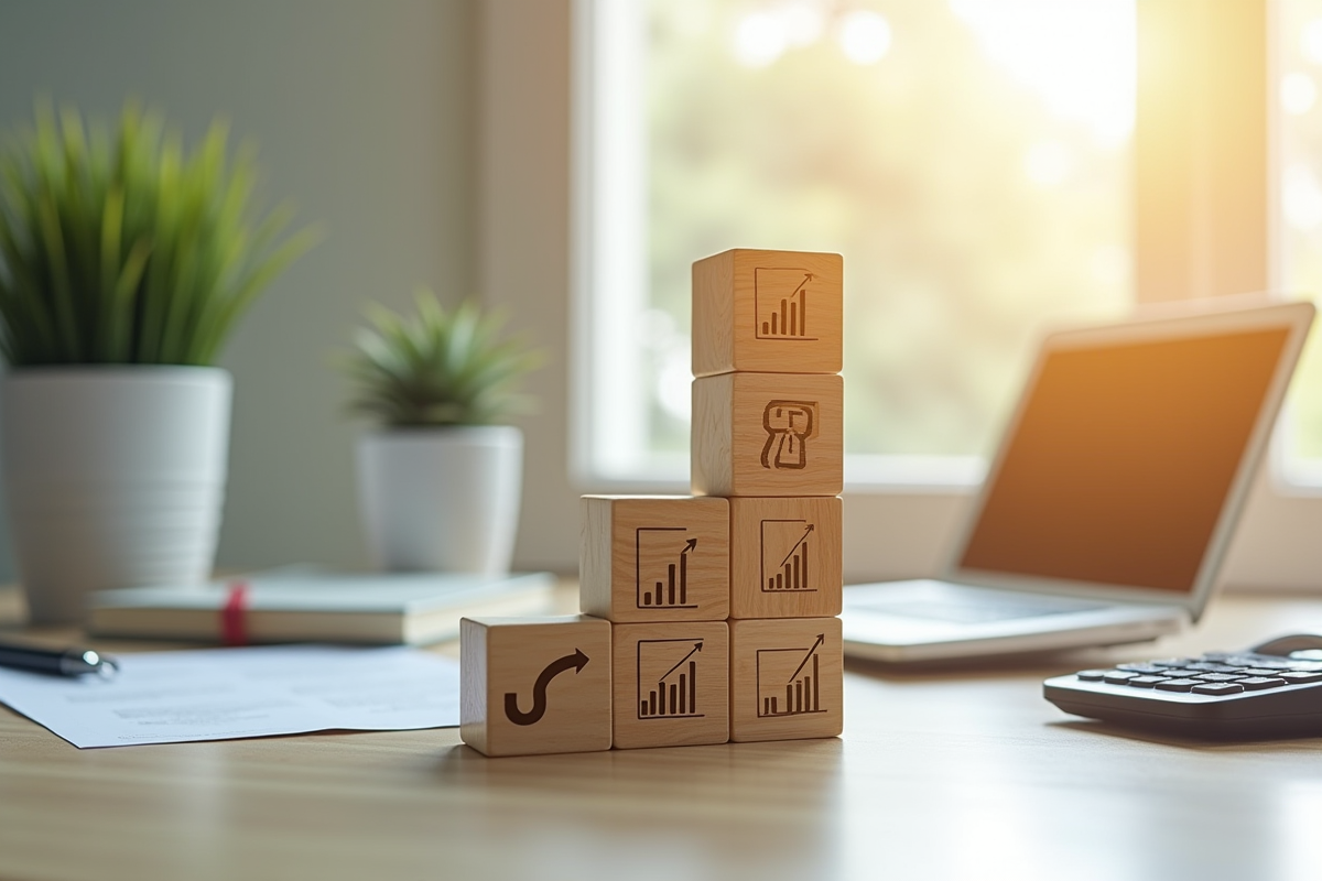 Blocs en bois avec symboles monétaires et graphique en hausse