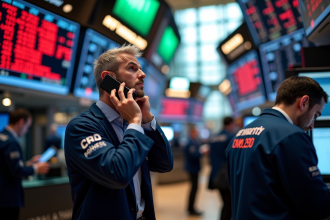 Salle de marché boursier à New York en agitation avec chiffres rouges