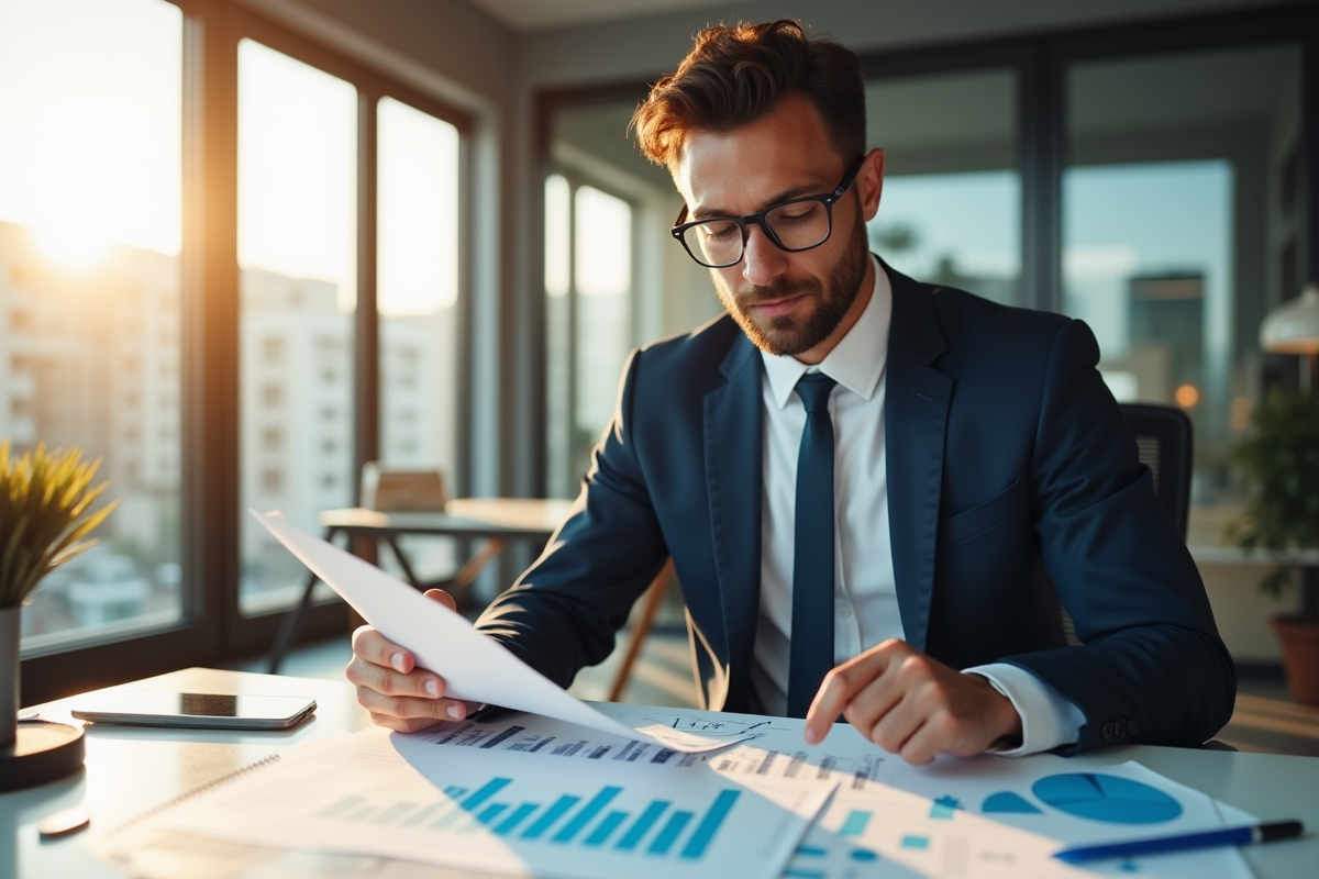Un courtier d'affaires confiant dans un bureau moderne examine des documents financiers