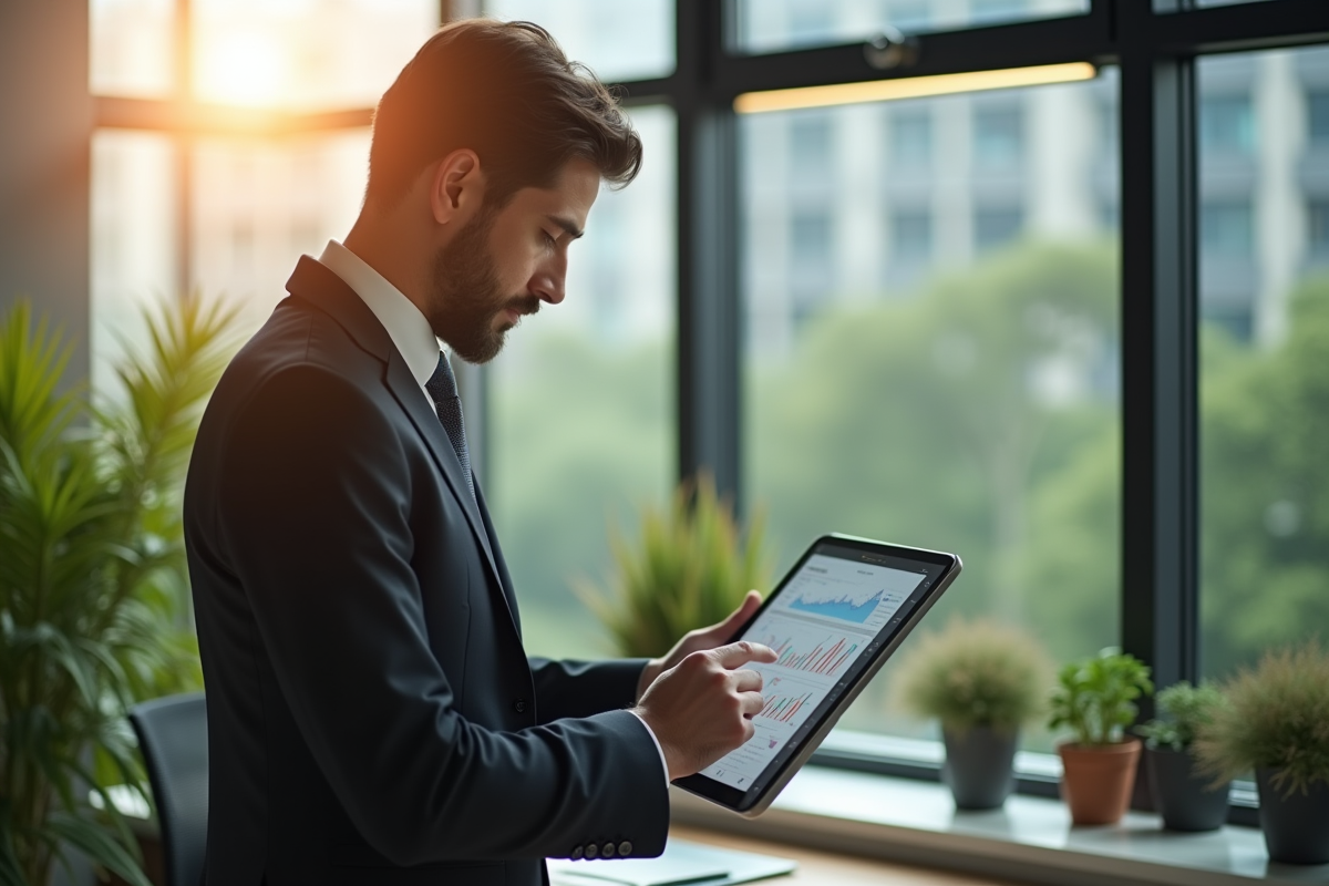 Professionnel d'affaires analysant des graphiques financiers dans un bureau écologique