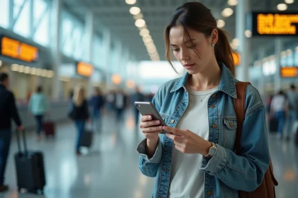 Femme à l'aéroport tenant une carte SIM prépayée et un smartphone avant un voyage à l'étranger
