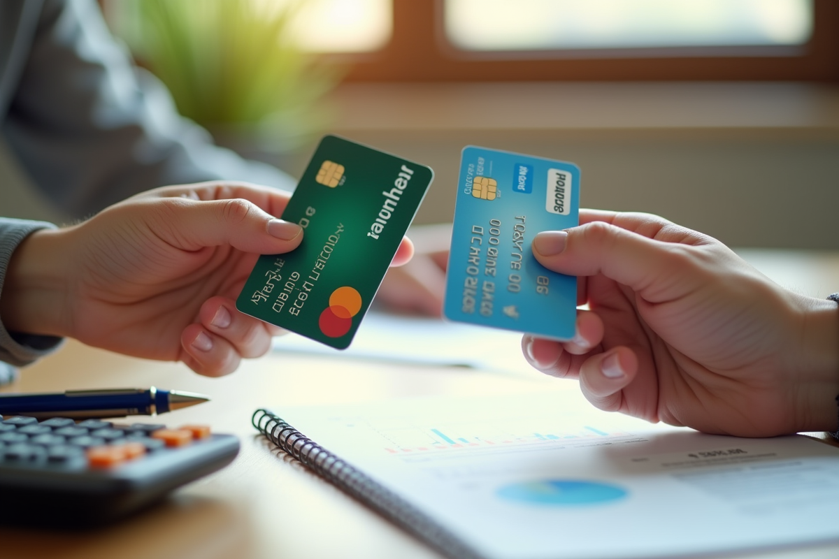 Deux mains tenant des cartes bancaires Crédit Mutuel et Crédit Agricole sur un bureau lumineux