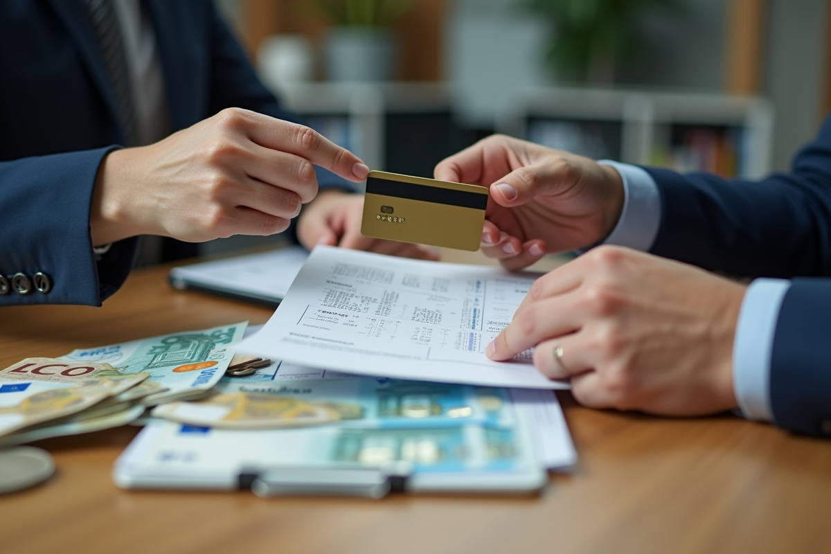 Échange de documents et carte bancaire avec des billets en euros sur une table en bois