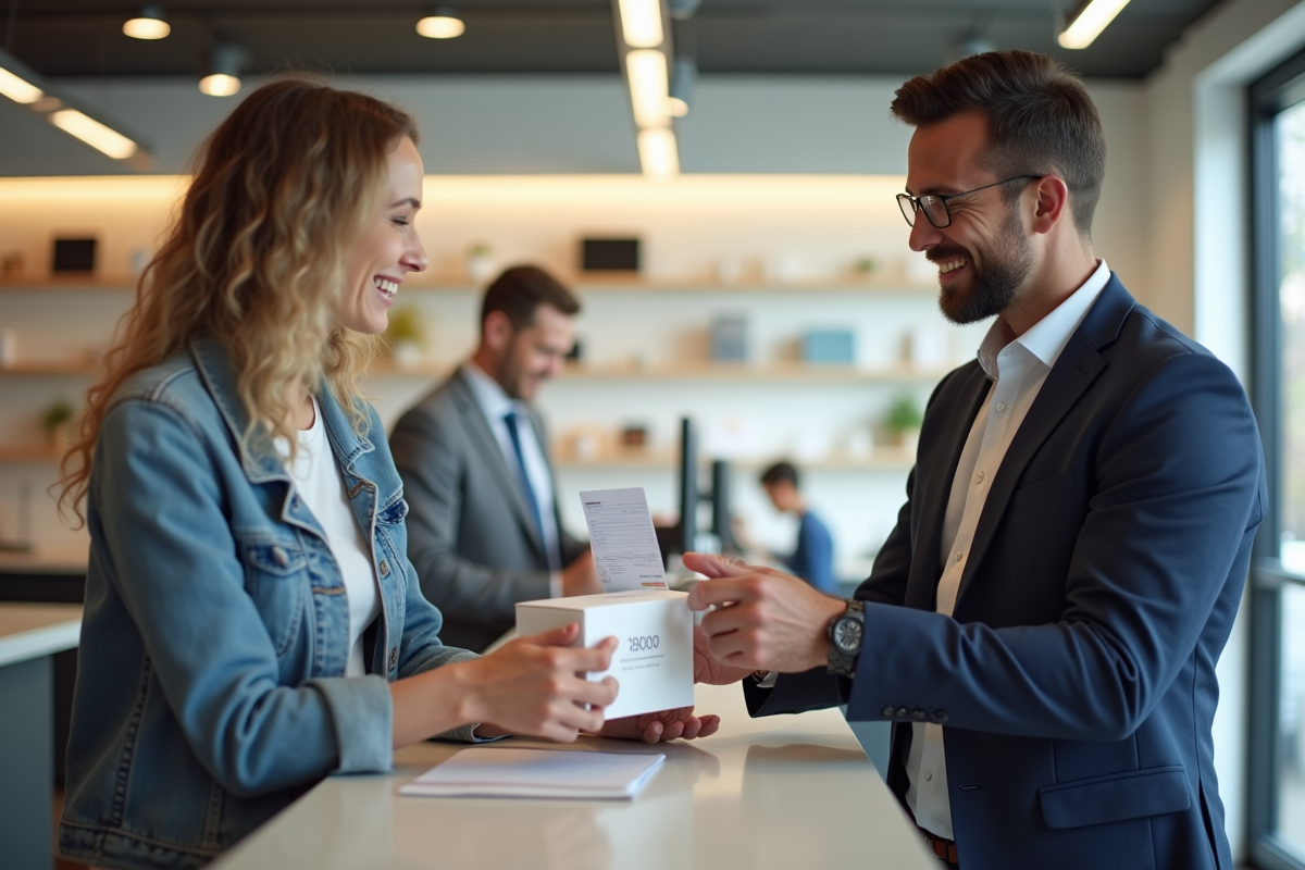 Client souriant remettant un appareil électronique et une carte de garantie au vendeur