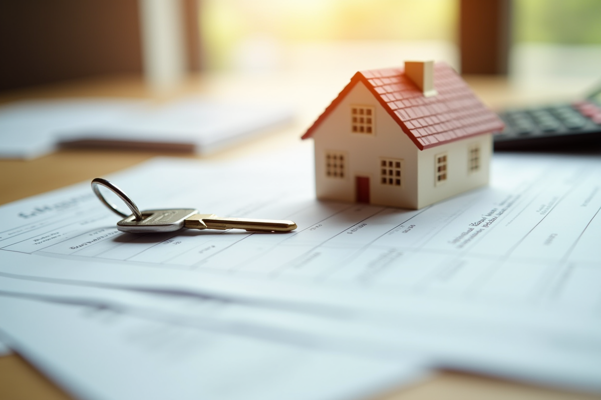 Clé de maison et modèle sur documents de prêt immobilier