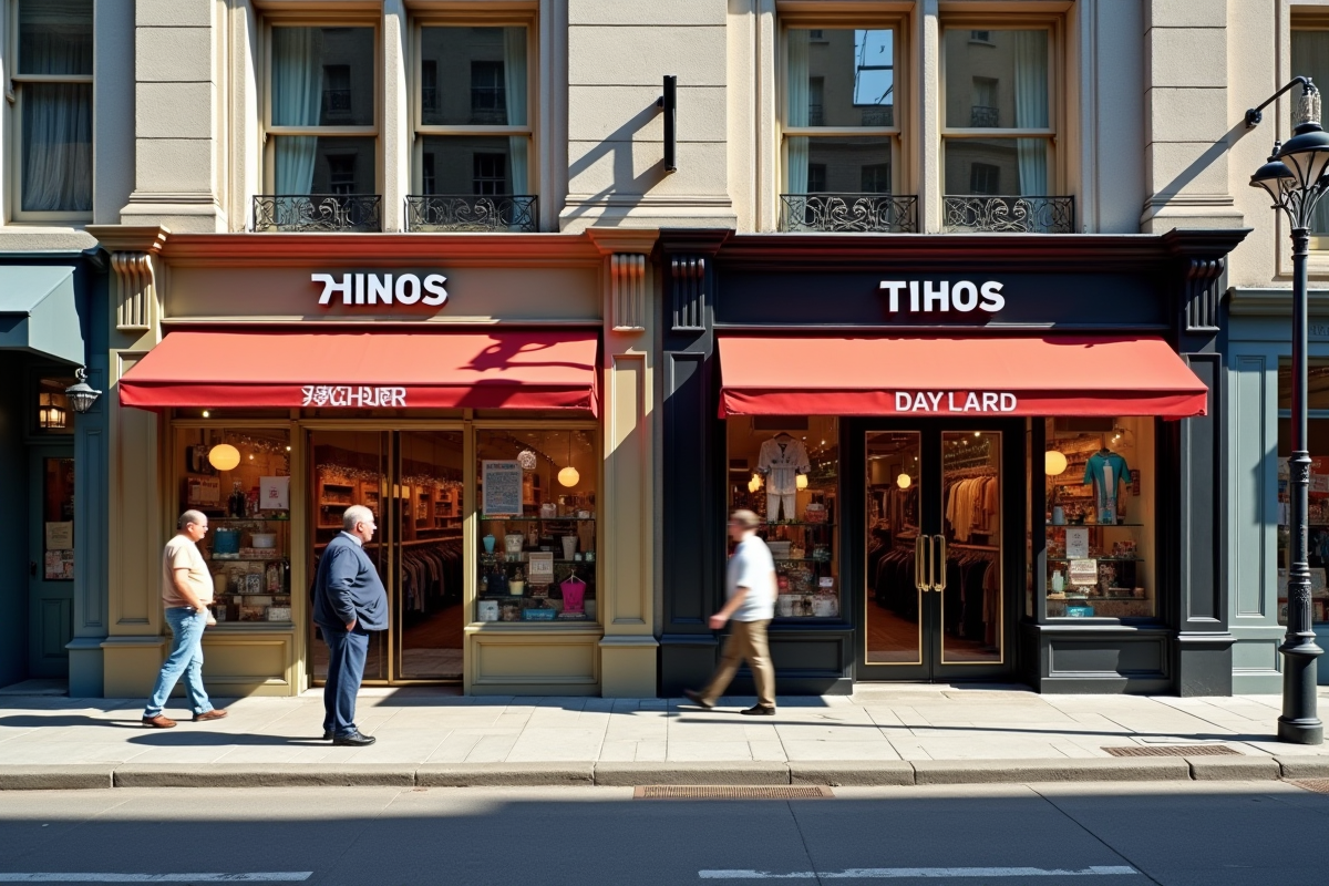 Deux devantures de magasins concurrents dans une rue animée