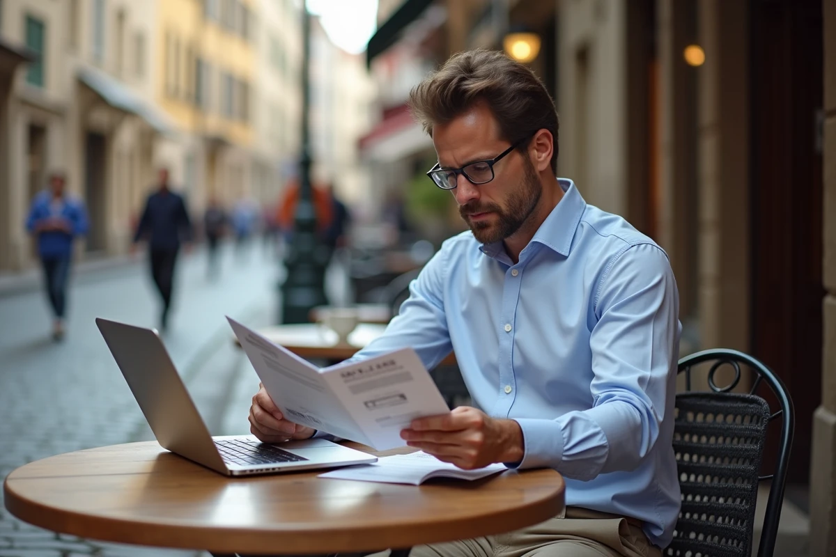 Homme comparant des forfaits de carte prépayée mobile dans un café en Europe