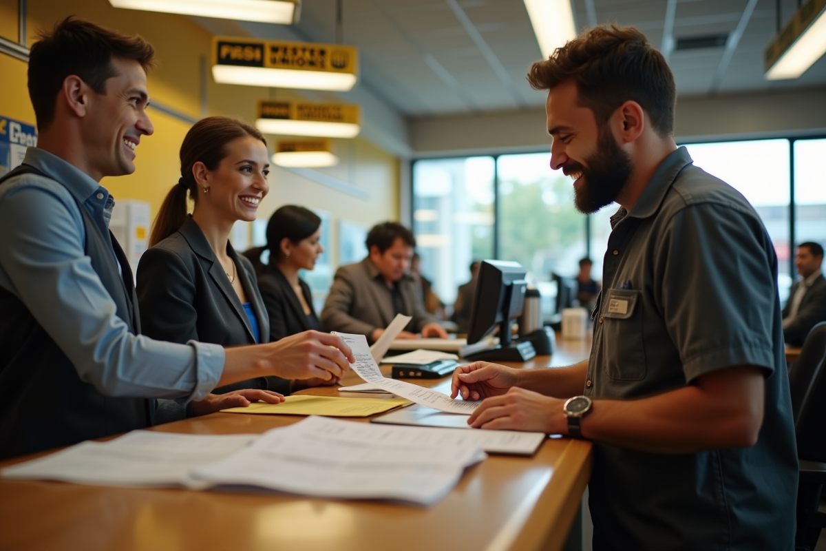 Agent Western Union remettant un reçu à un client souriant à la banque