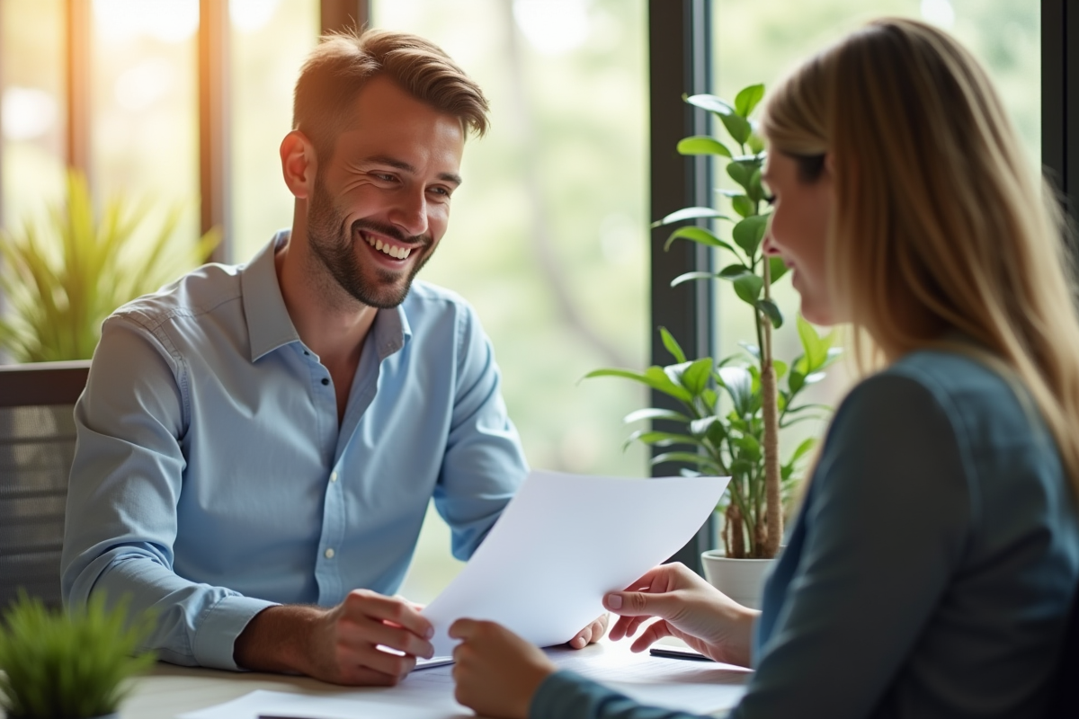 Conseiller bancaire souriant avec un client dans un bureau lumineux