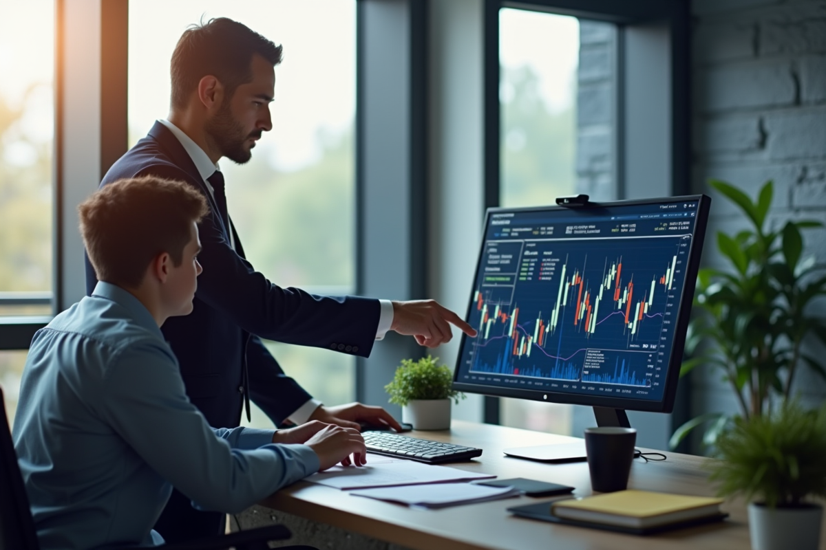 Conseiller financier confiant avec graphiques numériques en réunion