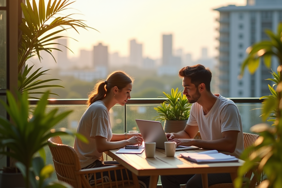 Jeune couple relaxant sur un balcon ensoleille planifiant leur budget