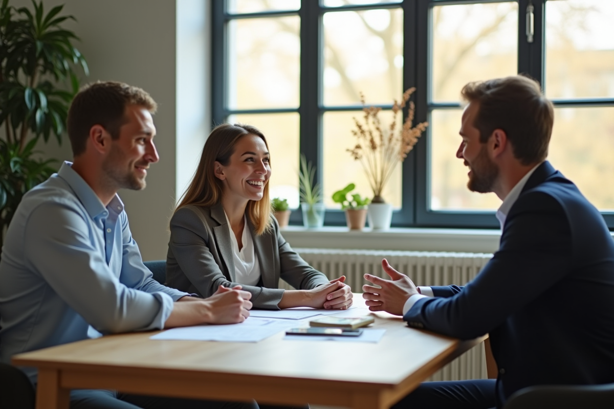 Jeune couple confiant rencontrant un conseiller bancaire dans un bureau moderne