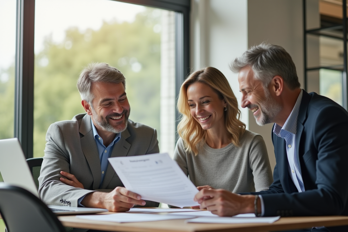 Couple heureux rencontrant un conseiller financier dans un bureau lumineux