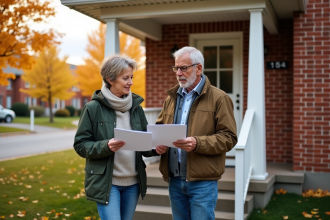 Couple francophone devant une maison canadienne en automne