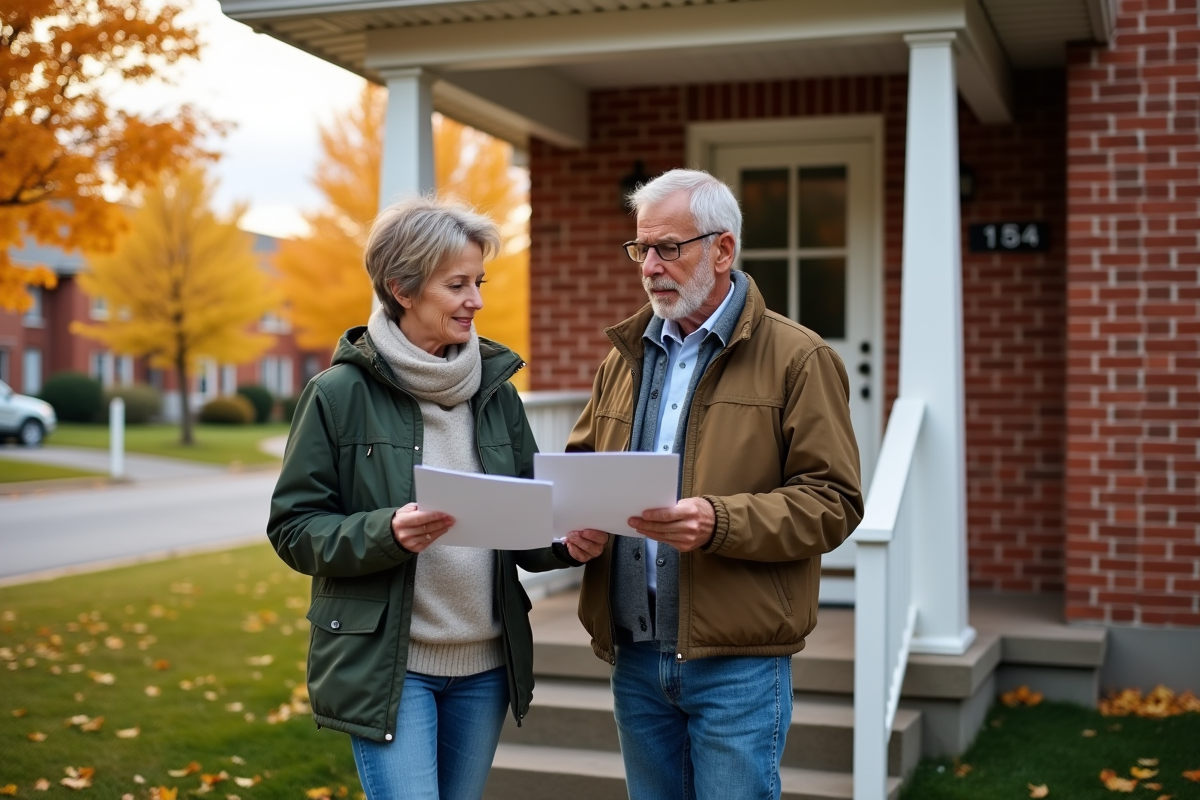 Couple francophone devant une maison canadienne en automne