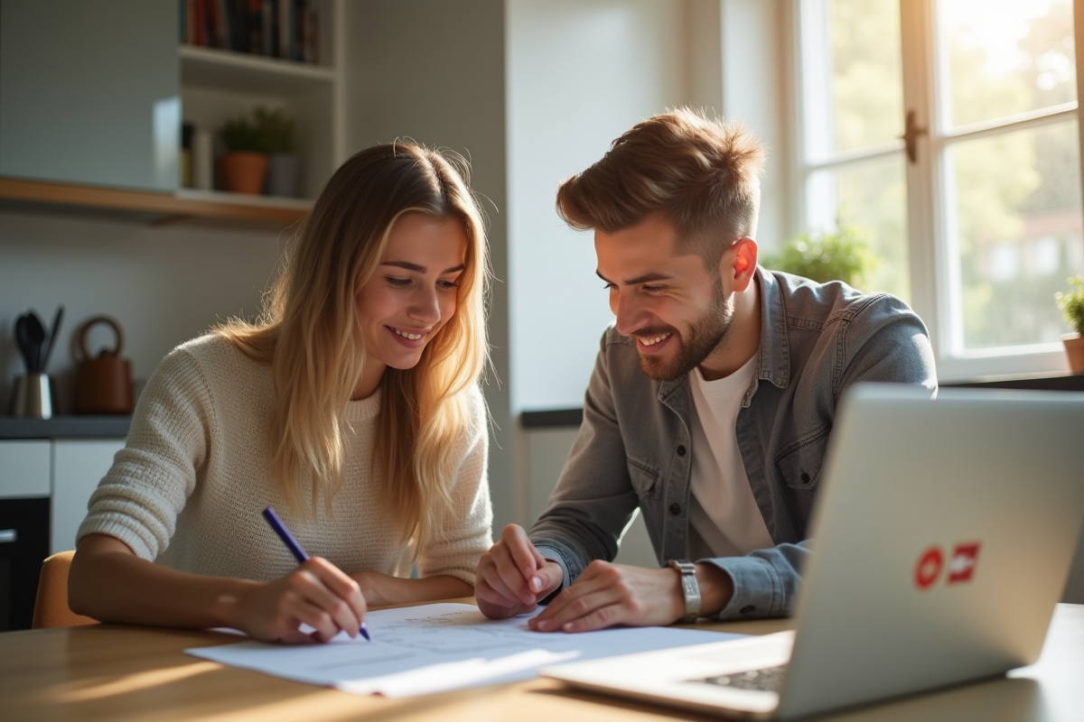 Jeune couple discutant de prêt immobilier à la maison