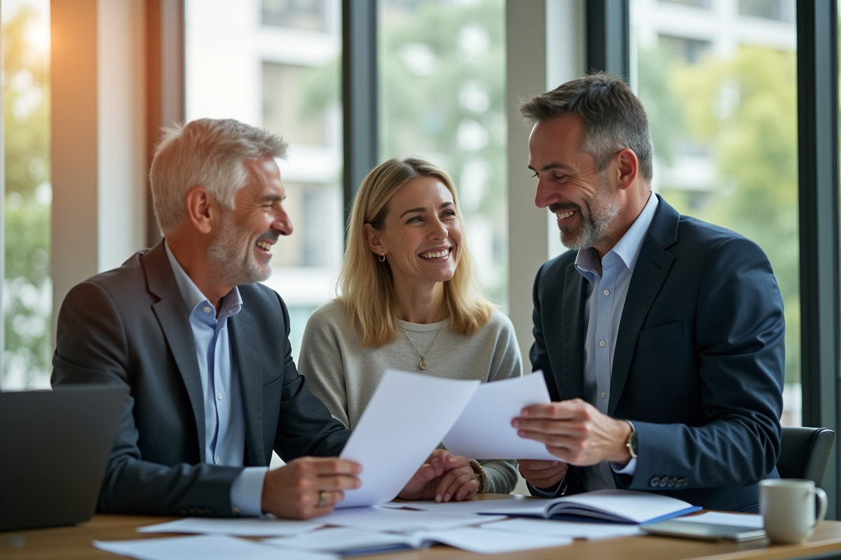 Couple mature rencontrant un conseiller bancaire dans un bureau lumineux