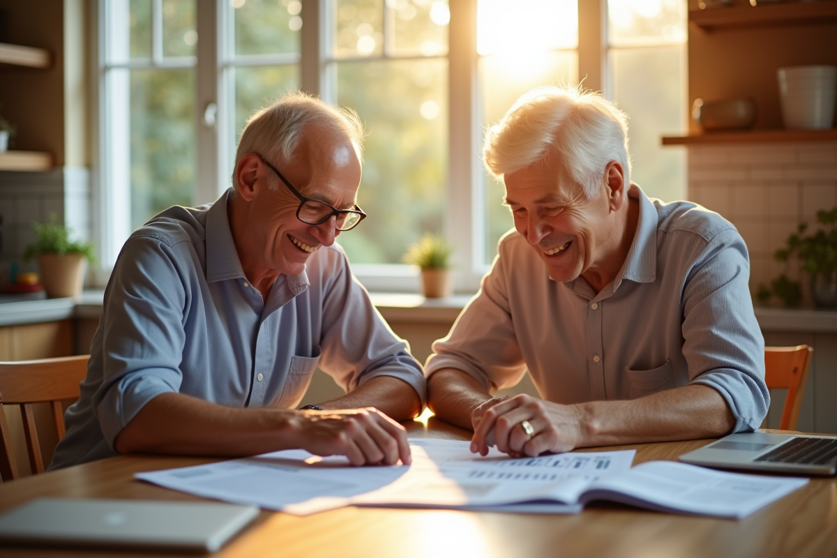 Couple retraité souriant examinant documents financiers