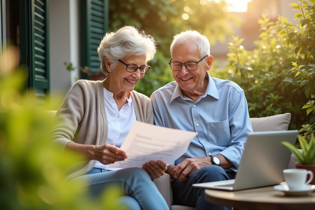 Couple senior souriant sur la terrasse en préparant leur retraite