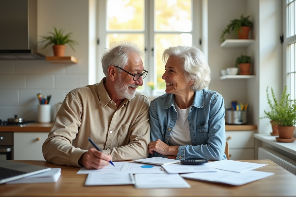 Couple retraité discutant finances à la maison