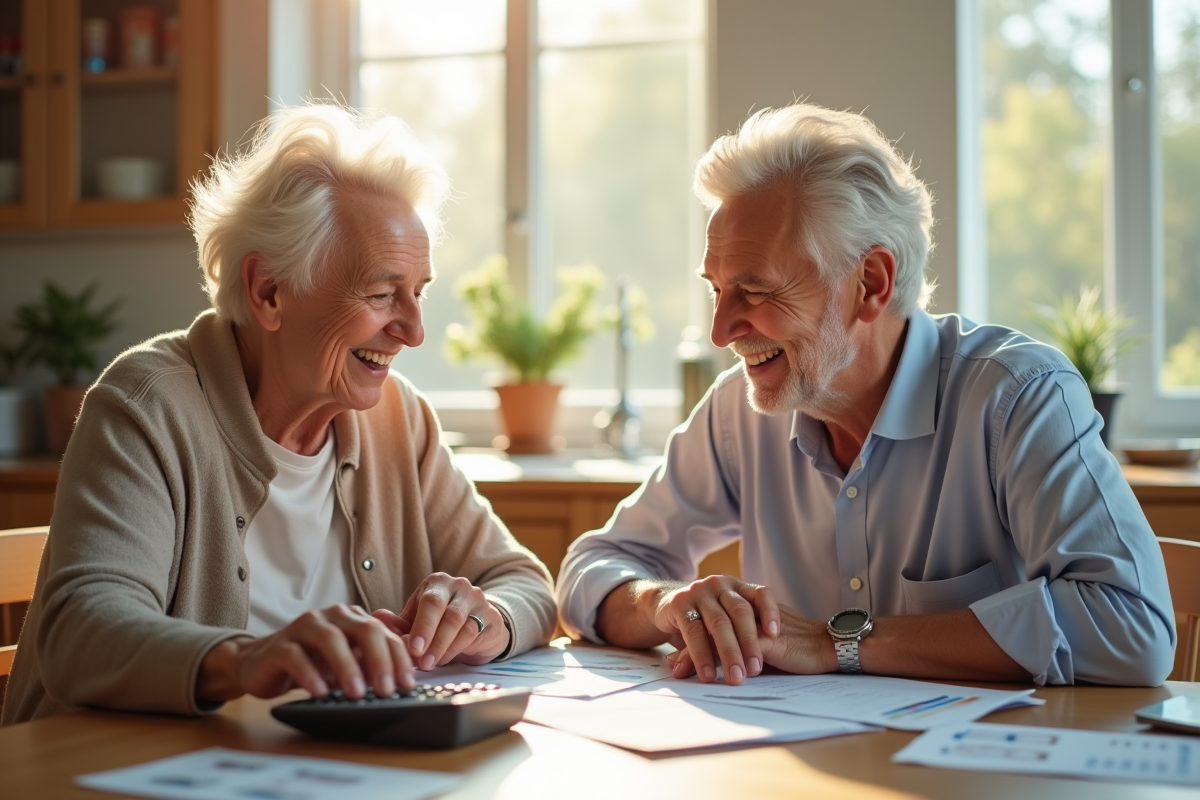 Couple senior souriant à la cuisine avec documents financiers