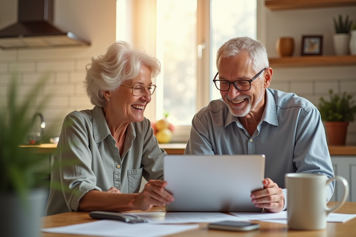 Couple senior souriant à la cuisine avec documents retraite