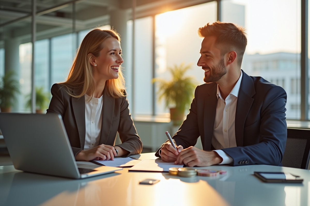 Jeune couple d'affaires signant un contrat de prêt dans une banque lumineuse