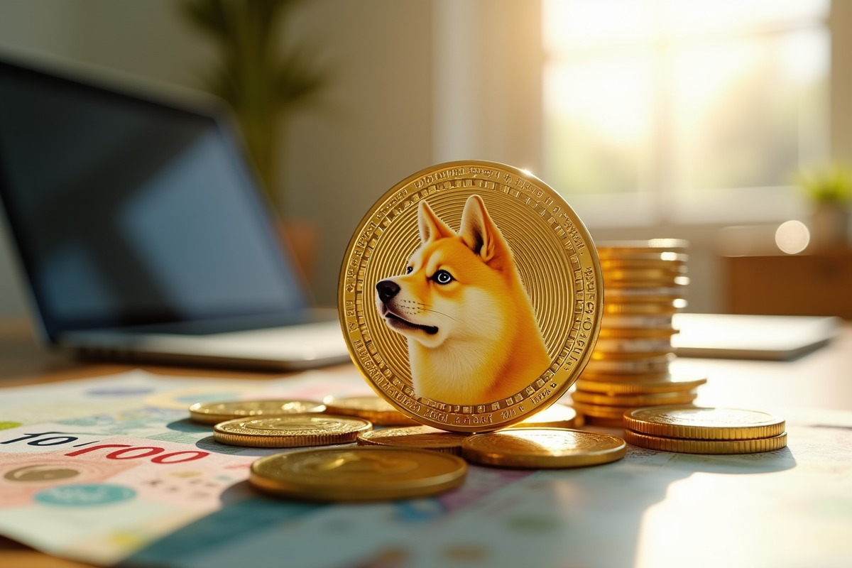 Dogecoin doré entouré de monnaies mondiales sur un bureau lumineux