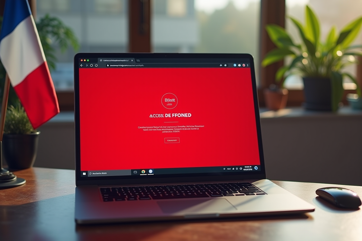Ordinateur portable avec drapeau français et message d'accès refusé
