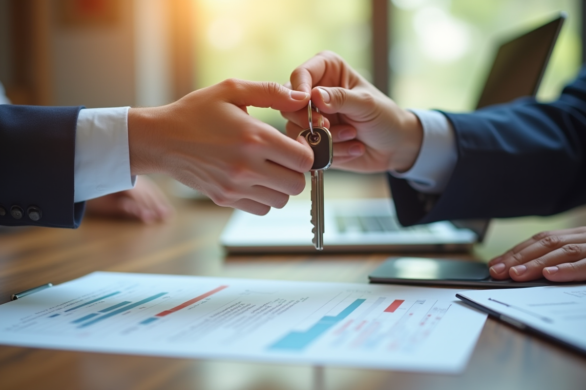 Deux mains échangent des clés de maison et un contrat d
