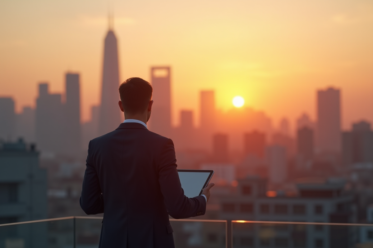 Entrepreneur confiant regardant la ville au lever du soleil