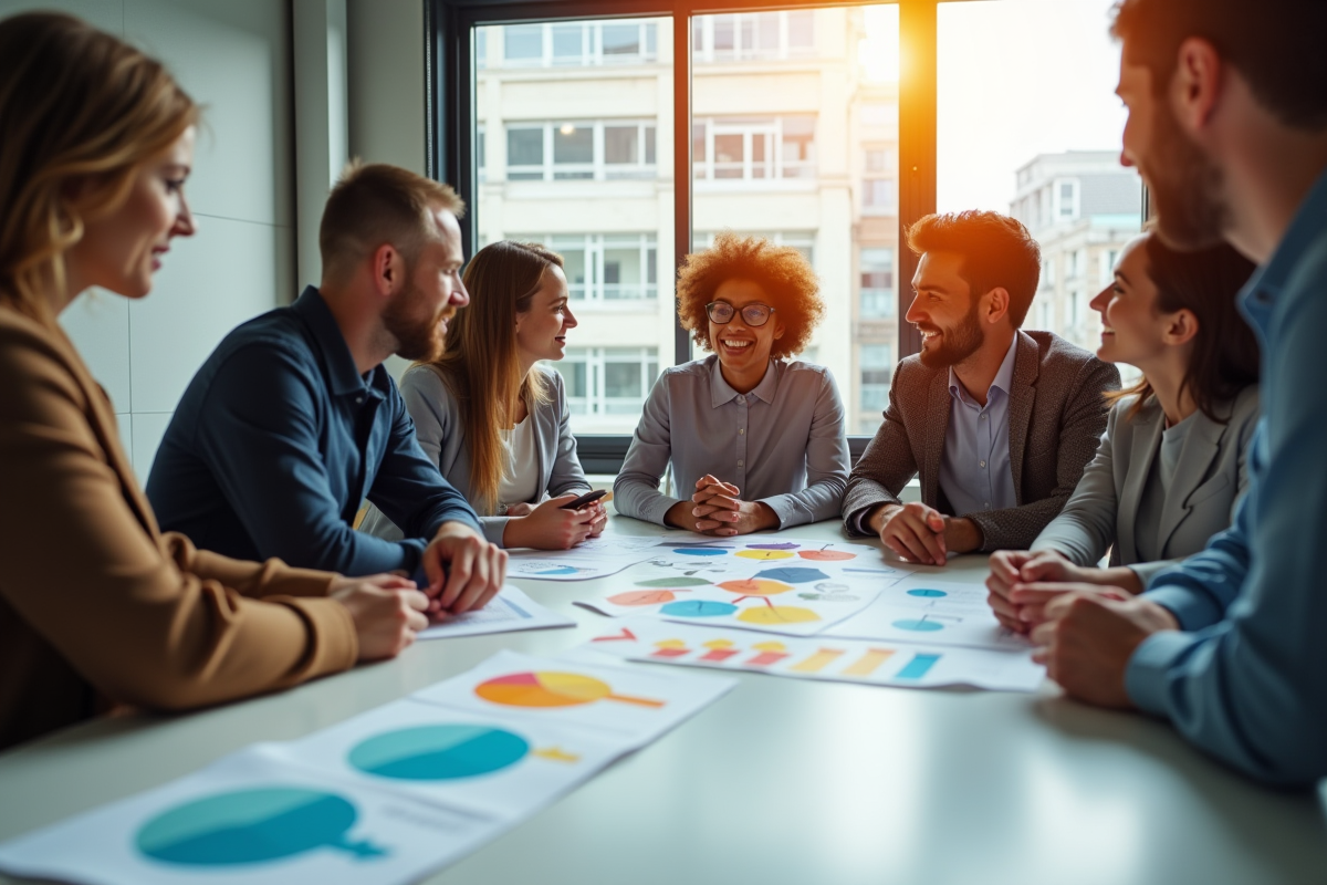 Groupe de professionnels collaborant autour de graphiques colorés