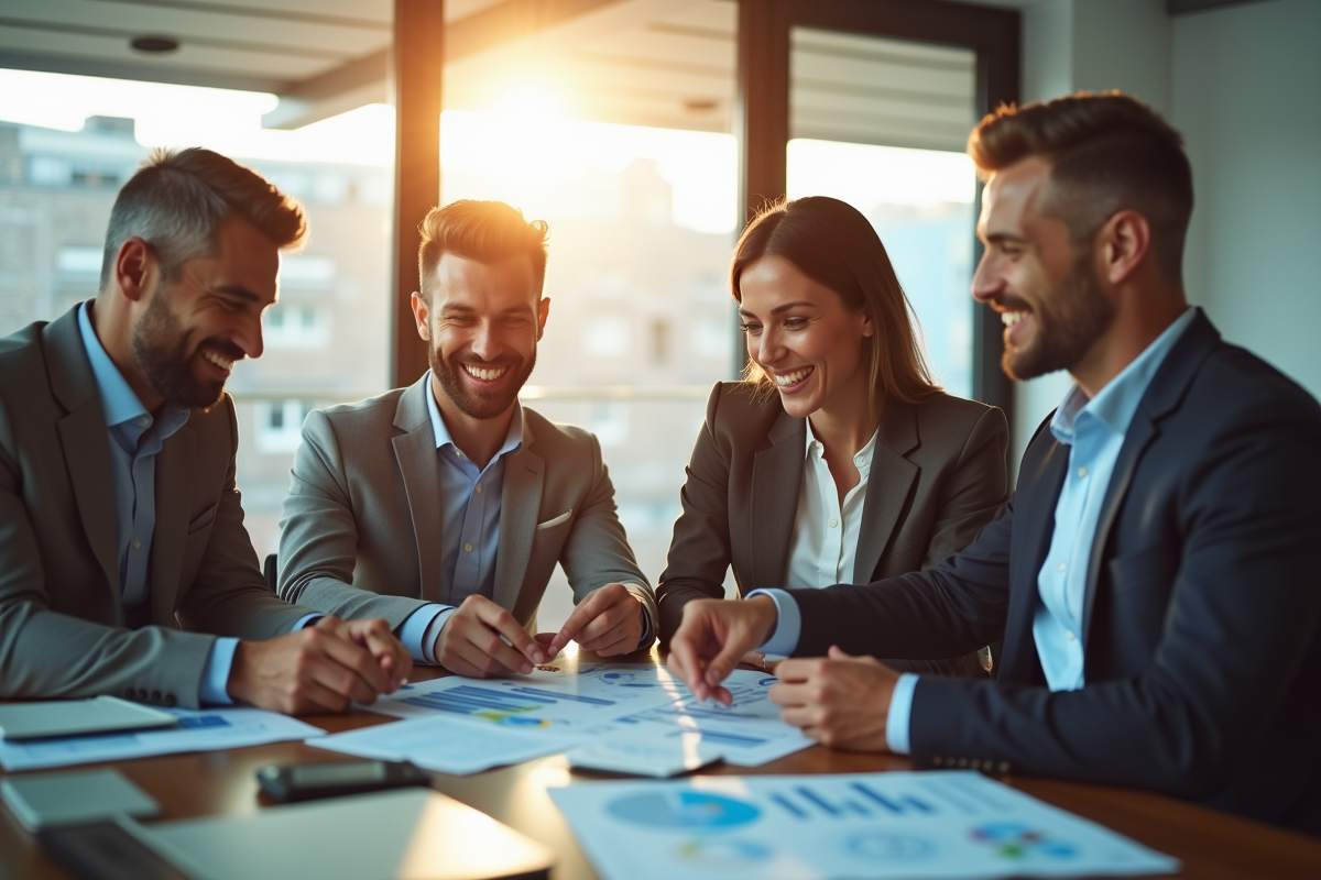 Groupe de professionnels souriants dans un bureau lumineux