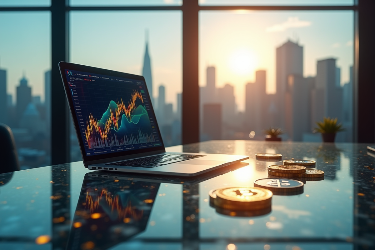 Espace de travail futuriste avec ordinateur et pièces d'or crypto