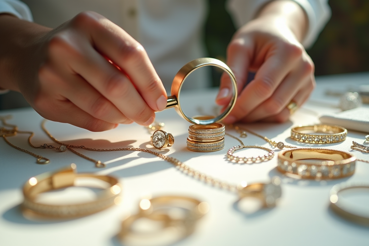 Bijoutier examinant des bagues en or et argent avec une loupe