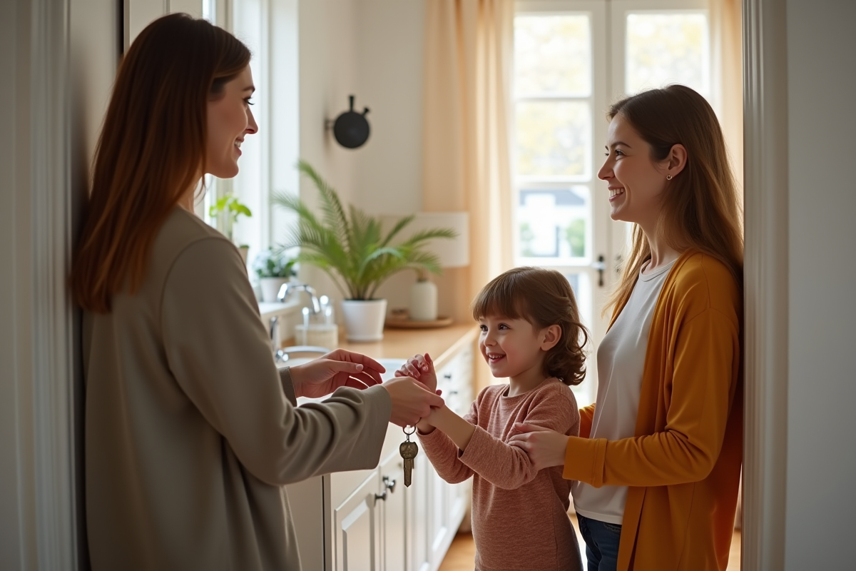 Jeune famille recevant les clés de leur premier appartement